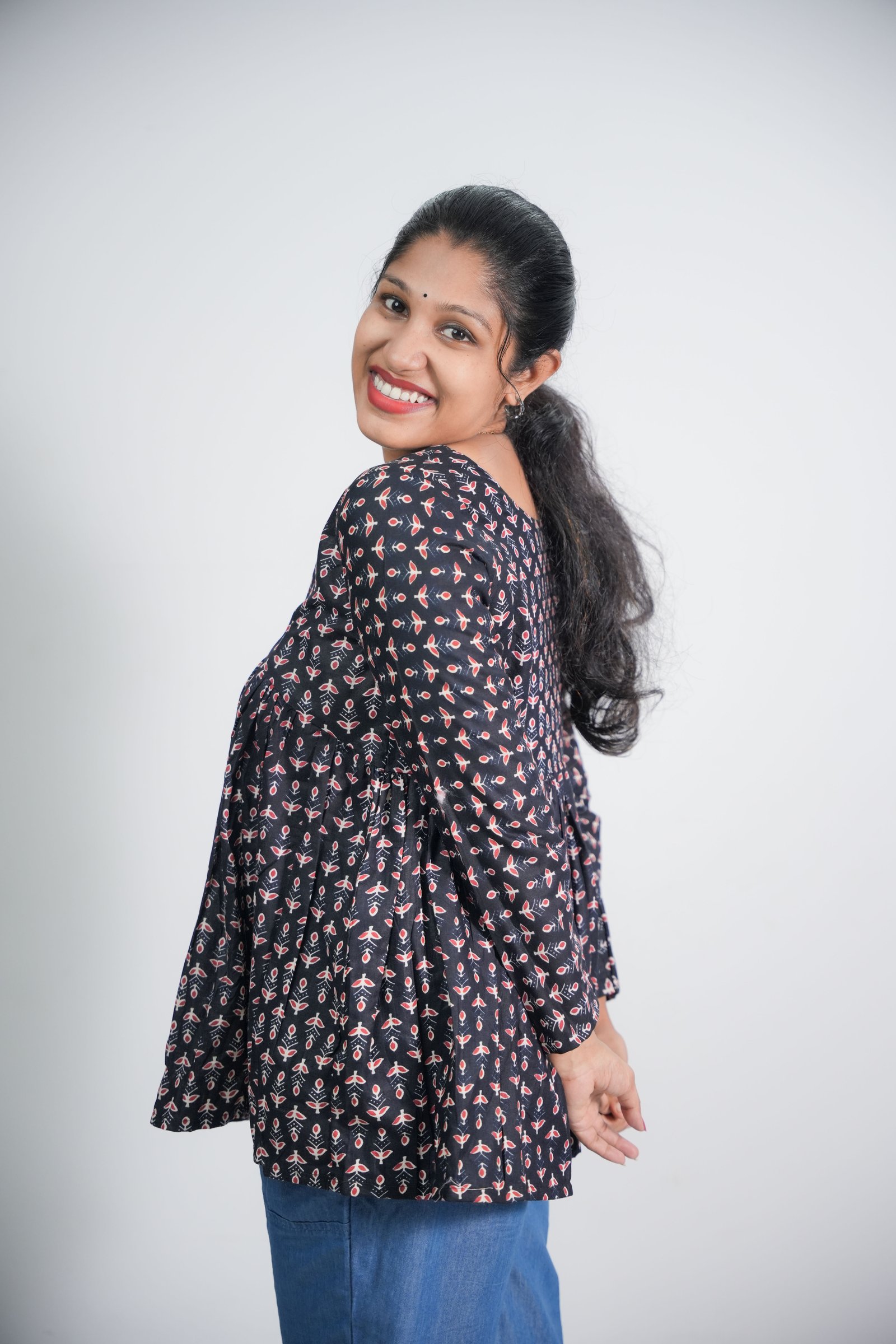Womens Ethnic Block Print Black Cotton Short Kurti Top